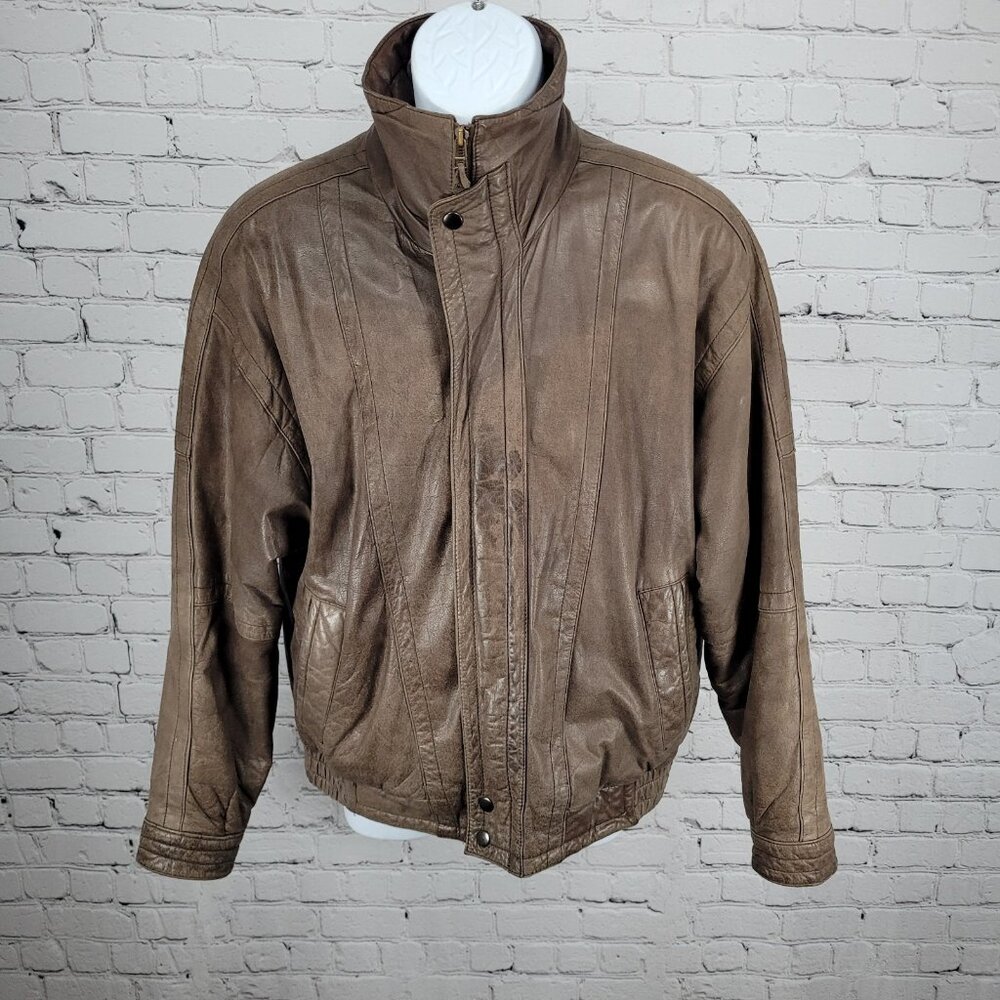 VTG Aggio Brown Genuine Soft Leather Full Zip Snap Pockets Bomber Jacket Large L